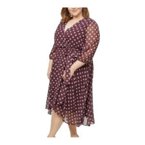 Lane Bryant Purple Polka Dot Crossover V-Neckline 3/4 Sleeve Midi Dress Size 22